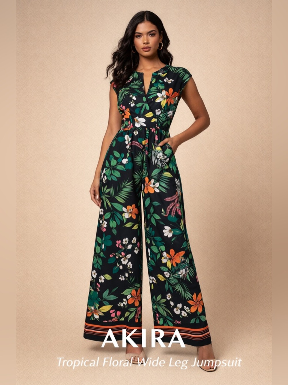AKIRA Tropical Floral Wide Leg Jumpsuit Size M Black Multi V-Neck Cap Sleeve